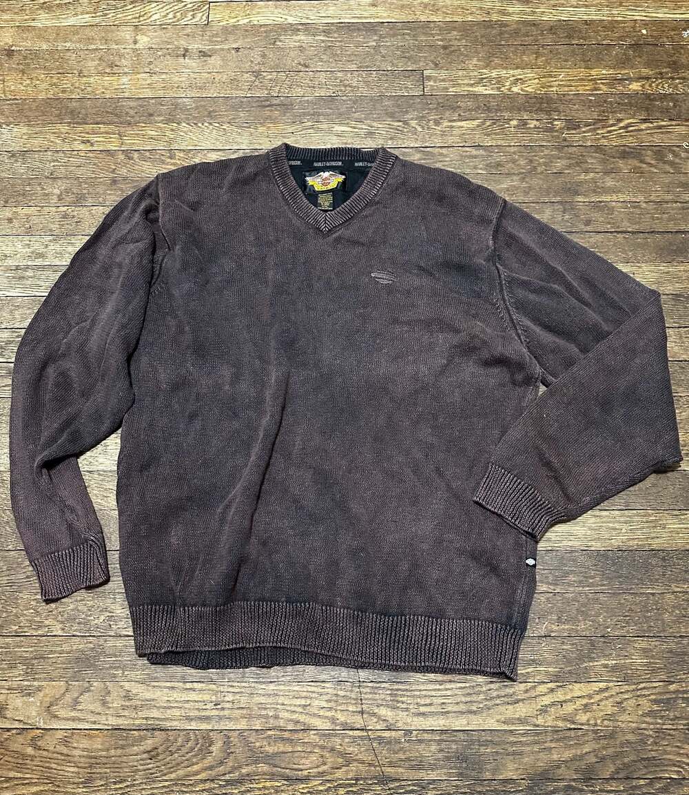 Vintage Harley-Davidson Brown V-Neck Ramie Cotton Blend Sweater Size XXL